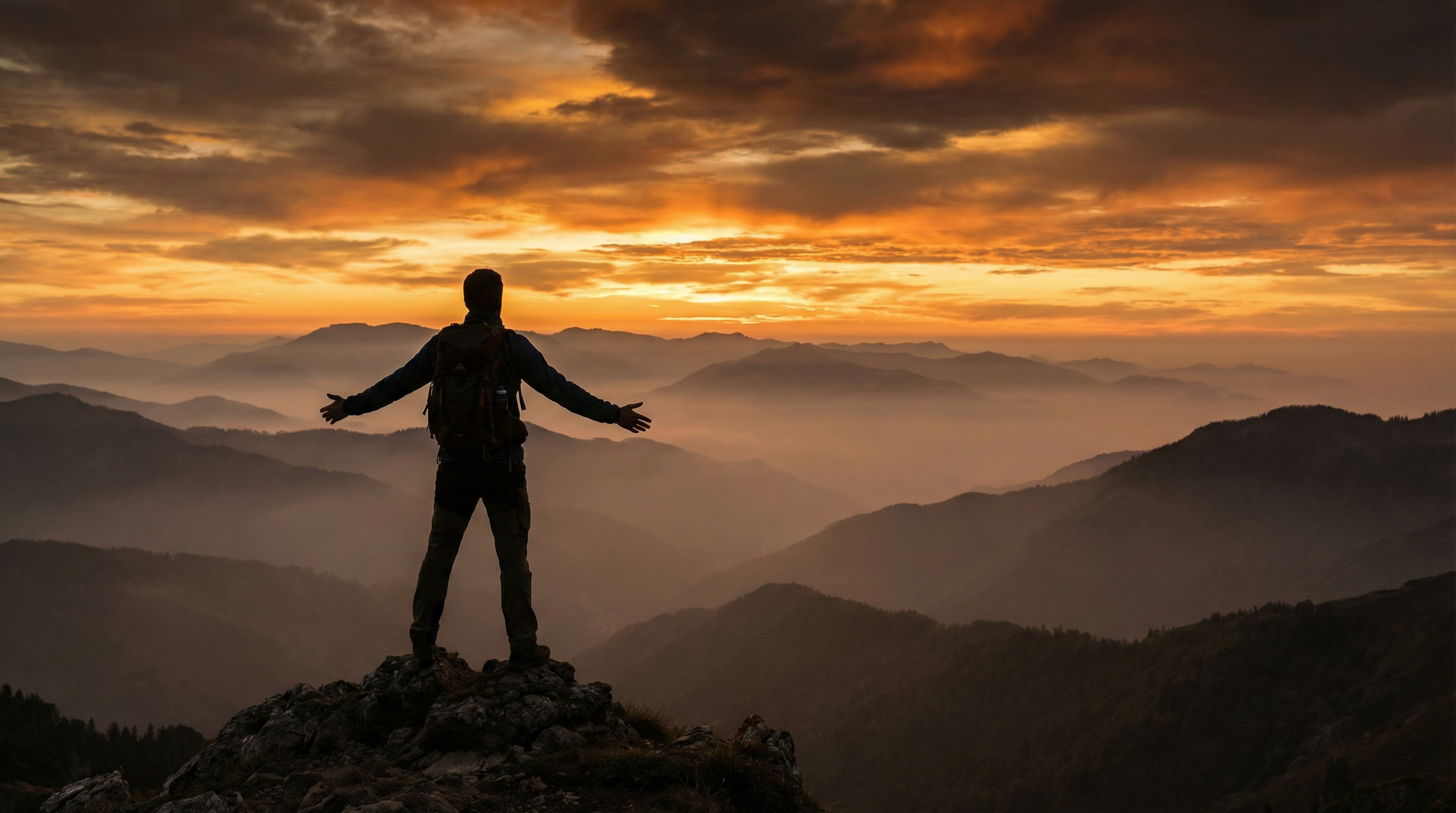 Person standing at mountain summit at golden hour, arms outstretched